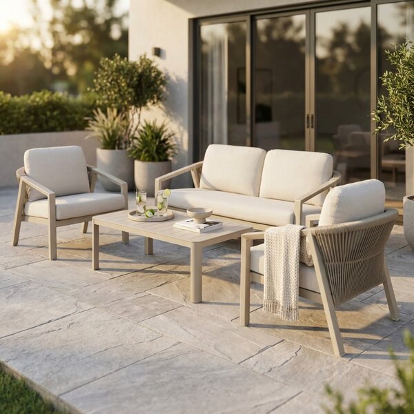 VivaGarden Salotto da Giardino con Divano 2 Posti 2 Poltrone e Tavolino con Cuscini in Alluminio colore colore Beige - Tijuana