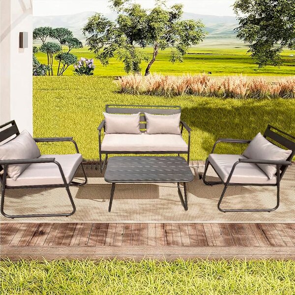 Buybuy Salotto da Giardino con Divano 2 Posti 2 Poltrone e Tavolino con Cuscini colore Nero/Crema - GIARDINO