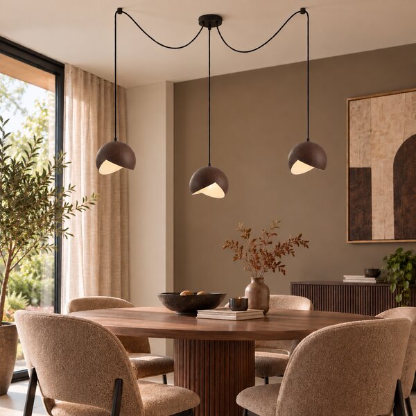 Lampada a sospensione di design Nera con paralume effetto legno e vetro opale 3 luci - Tulip