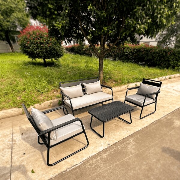 Buybuy Salotto da Giardino con Divano 2 Posti 2 Poltrone e Tavolino con Cuscini colore Nero/Crema - GIARDINO