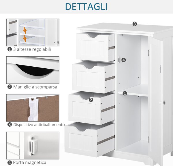 Kleankin Mobile Bagno Salvaspazio Slim con 4 Cassetti e 1Armadietto, Ripiano Regolabile e Anti-Ribaltamento in MDF Bianco 56x30x83cm |Aosom Italy