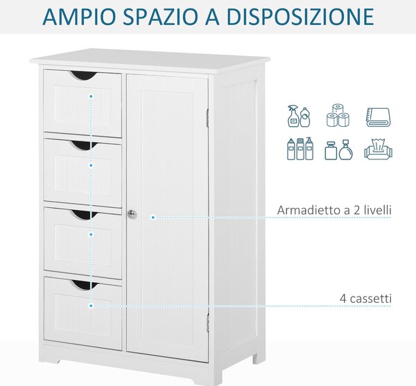 Kleankin Mobile Bagno Salvaspazio Slim con 4 Cassetti e 1Armadietto, Ripiano Regolabile e Anti-Ribaltamento in MDF Bianco 56x30x83cm |Aosom Italy