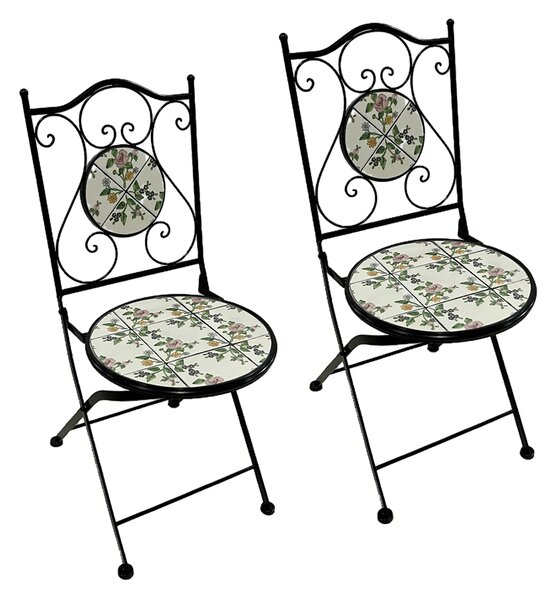 LIF Sedie per Esterni Pieghevole Set 2 Sedie da Giardino in Metallo con Decoro Mosaico Dimensioni 38x46-92 cm colore Nero - FLORA