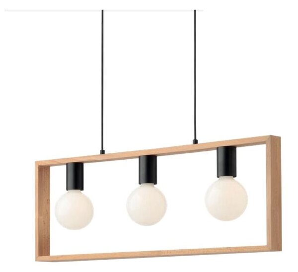 TIMBER SOSPENSIONE 3 LUCI NERA CON CORNICE IN LEGNO NATURALE MODERNA LAMPADINE 3XE27