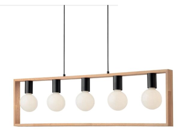 TIMBER SOSPENSIONE 5 LUCI NERA CON CORNICE IN LEGNO NATURALE MODERNA LAMPADINE 5XE27
