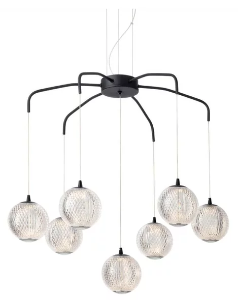 GIANET SOSPENSIONE 7 LUCI ORO O NERA CON SFERE IN ACRILICO STAMPATO LED 28W LUCE 3000K