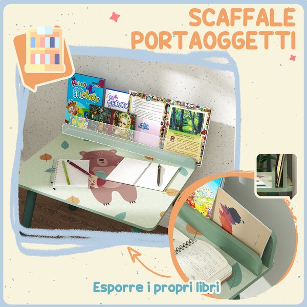 AIYAPLAY Set Sedia e Tavolino per Bambini con Ripiano Portaoggetti, in MDF e Legno di Pino, Verde