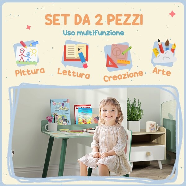 AIYAPLAY Set Sedia e Tavolino per Bambini con Ripiano Portaoggetti, in MDF e Legno di Pino, Verde