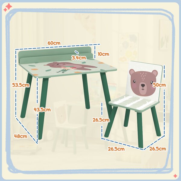 AIYAPLAY Set Sedia e Tavolino per Bambini con Ripiano Portaoggetti, in MDF e Legno di Pino, Verde