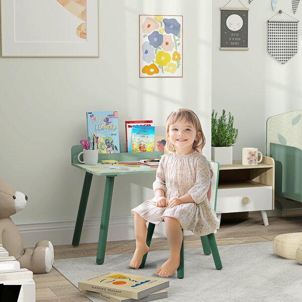 AIYAPLAY Set Sedia e Tavolino per Bambini con Ripiano Portaoggetti, in MDF e Legno di Pino, Verde