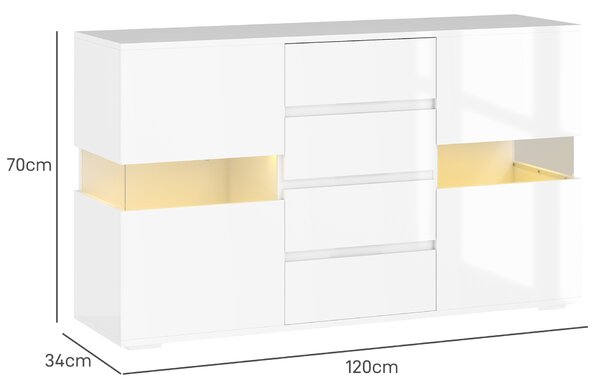 HOMCOM Credenza Moderna con LED Regolabile con Telecomando, 4 Cassetti e 2 Armadietti, 120x34x70 cm, Bianco