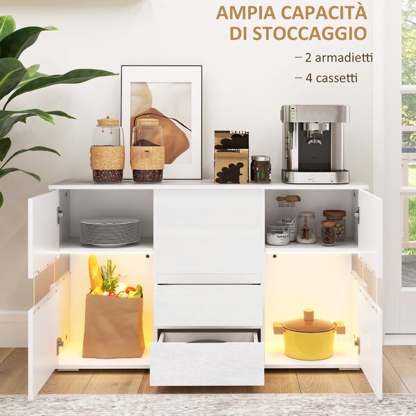 HOMCOM Credenza Moderna con LED Regolabile con Telecomando, 4 Cassetti e 2 Armadietti, 120x34x70 cm, Bianco