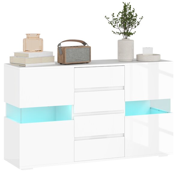 HOMCOM Credenza Moderna con LED Regolabile con Telecomando, 4 Cassetti e 2 Armadietti, 120x34x70 cm, Bianco