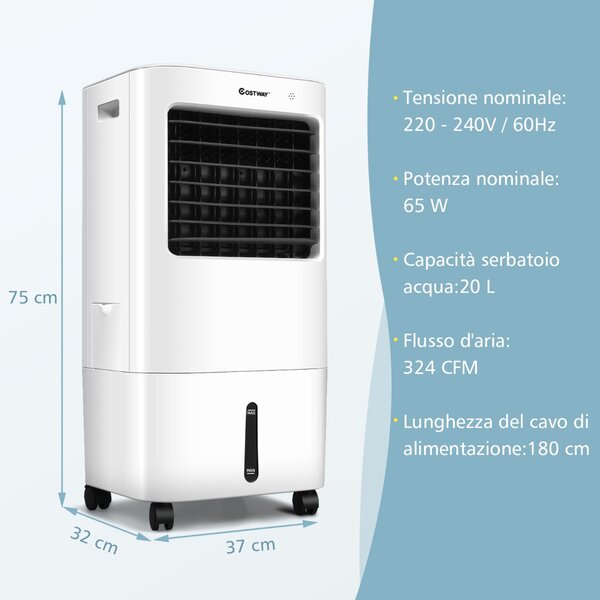 Costway Raffreddatore d’aria 3 in 1 con umidificatore 3 modalità 4 velocità del vento, Ventilatore portatile Bianco