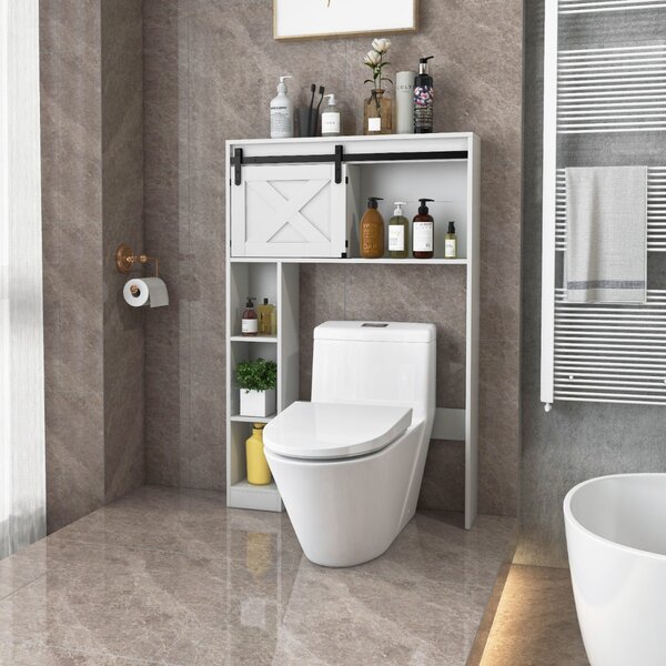 Costway Organizzatore da bagno indipendente con porta scorrevole ripiani di stoccaggio, Armadietto della toilette Bianco