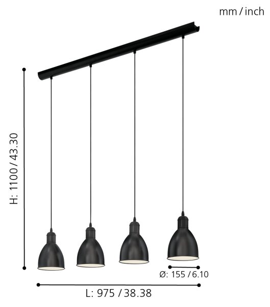 Eglo 55244 - Lampadario a sospensione con cavo PRIDDY 4xE27/60W/230V nero