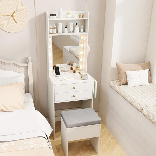 Costway Tavolo da trucco compatto con specchio e luci, Set di comodino con stazione di ricarica bianco