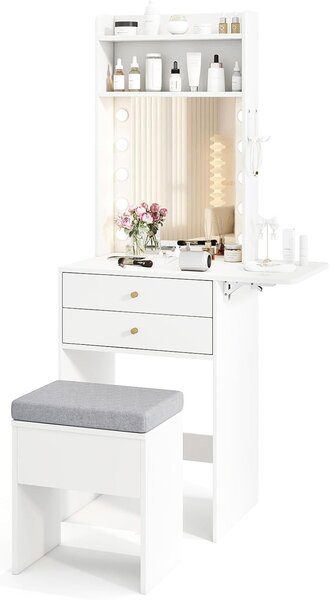 Costway Tavolo da trucco compatto con specchio e luci, Set di comodino con stazione di ricarica bianco