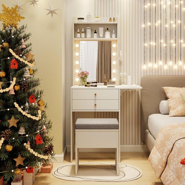 Costway Tavolo da trucco compatto con specchio e luci, Set di comodino con stazione di ricarica bianco