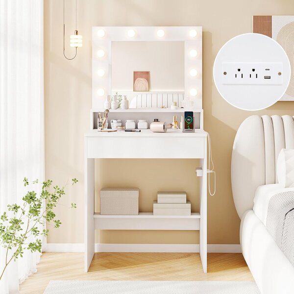Costway Scrivania vanity con specchio e luci, Tavolo da trucco con 3 modalità di illuminazione e luminosità regolabile Bianco