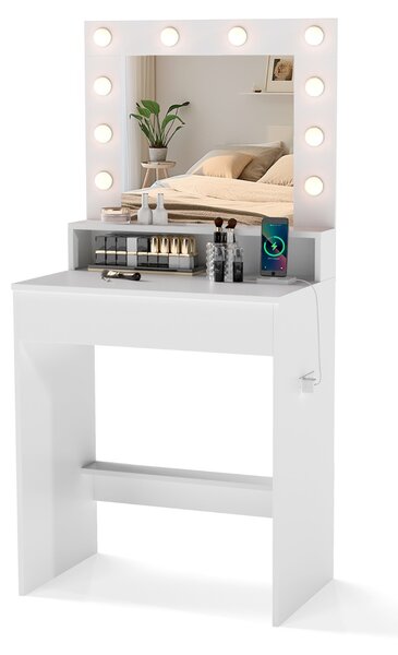 Costway Scrivania vanity con specchio e luci, Tavolo da trucco con 3 modalità di illuminazione e luminosità regolabile Bianco