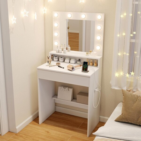 Costway Scrivania vanity con specchio e luci, Tavolo da trucco con 3 modalità di illuminazione e luminosità regolabile Bianco