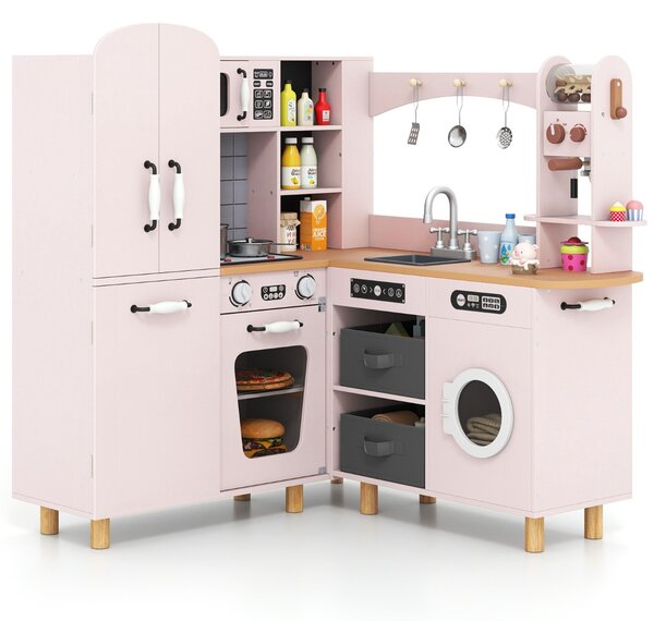 Costway Cucina giocattolo ad angolo per bambini set cucina in legno con frigorifero a doppia porta, Cucina giocattolo con contenitori in tessuto e 12 accessori Rosa