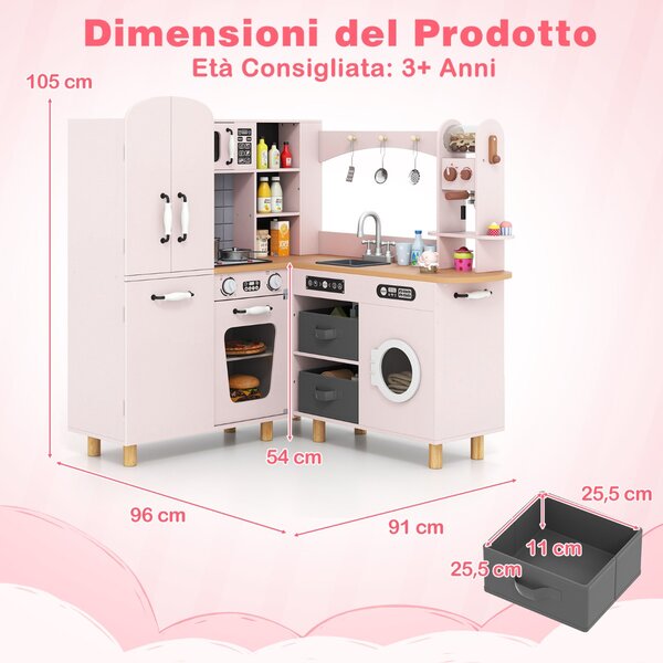 Costway Cucina giocattolo ad angolo per bambini set cucina in legno con frigorifero a doppia porta, Cucina giocattolo con contenitori in tessuto e 12 accessori Rosa