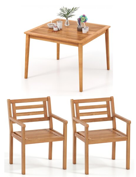 Costway Set 2 sedie da giardino con schienale inclinato e tavolo da pranzo esterno in legno, Set di 2 poltrone per esterno in legno e tavolo da picnic