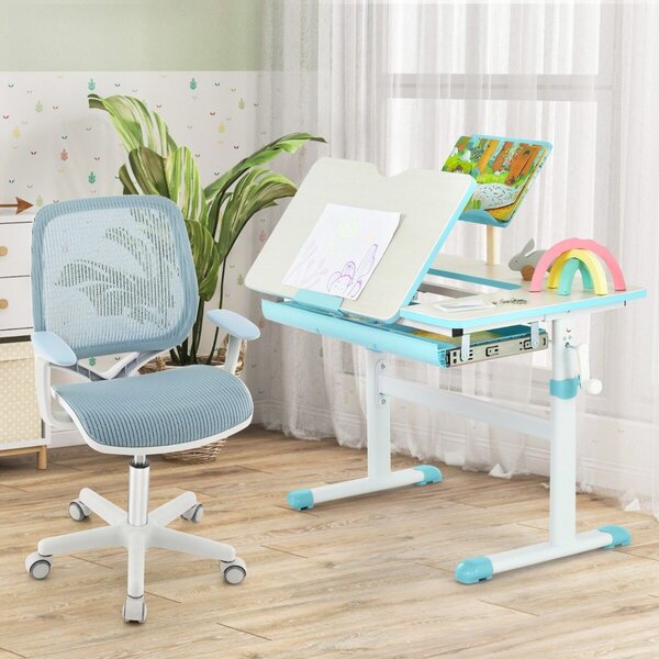 Costway Scrivania per bambini regolabile e sedia da scrivania per bambini, Scrivania per bambini tavolo ergonomico e sedia girevole per computer Blu