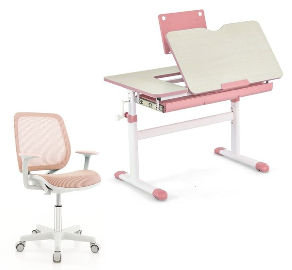 Costway Scrivania per bambini regolabile e sedia da scrivania per bambini, Scrivania per bambini tavolo ergonomico e sedia girevole per computer Rosa