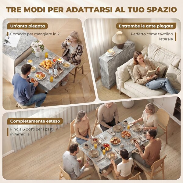 HOMCOM Tavolo Pieghevole in Legno per 4-6 Persone con Ruote, 75x140x74cm, Grigio|Aosom