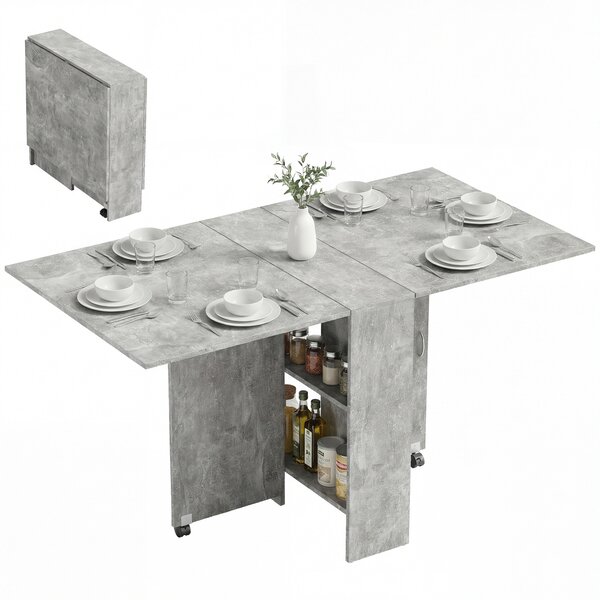 HOMCOM Tavolo Pieghevole in Legno per 4-6 Persone con Ruote, 75x140x74cm, Grigio|Aosom