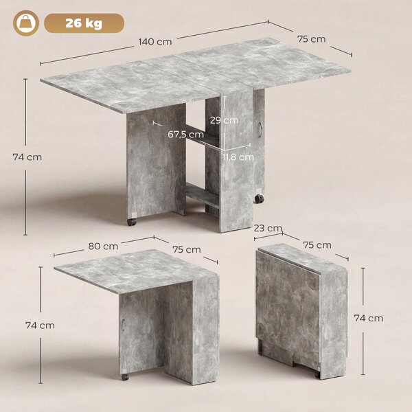 HOMCOM Tavolo Pieghevole in Legno per 4-6 Persone con Ruote, 75x140x74cm, Grigio|Aosom