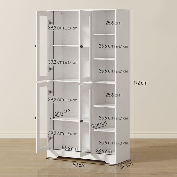 HOMCOM Credenza Cucina Alta, Mobile Dispensa con 4 Ante in Vetro Soft-Close, 6 Ripiani Aperti, Ripiani Regolabili Bianco | Aosom Italy