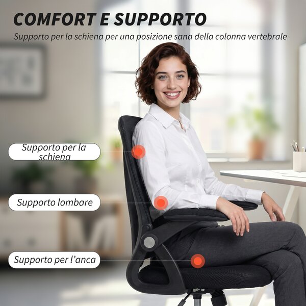 HOMCOM Sedia da Ufficio Ergonomica Girevole con Braccioli Ribaltabili, Altezza Regolabile, in Rete Traspirante, Nero | Aosom Italy