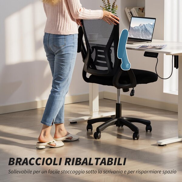 HOMCOM Sedia da Ufficio Ergonomica Girevole con Braccioli Ribaltabili, Altezza Regolabile, in Rete Traspirante, Nero | Aosom Italy