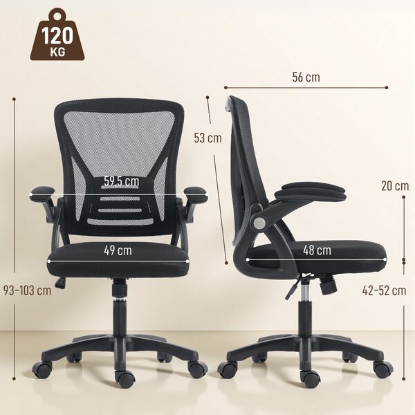 HOMCOM Sedia da Ufficio Ergonomica Girevole con Braccioli Ribaltabili, Altezza Regolabile, in Rete Traspirante, Nero | Aosom Italy