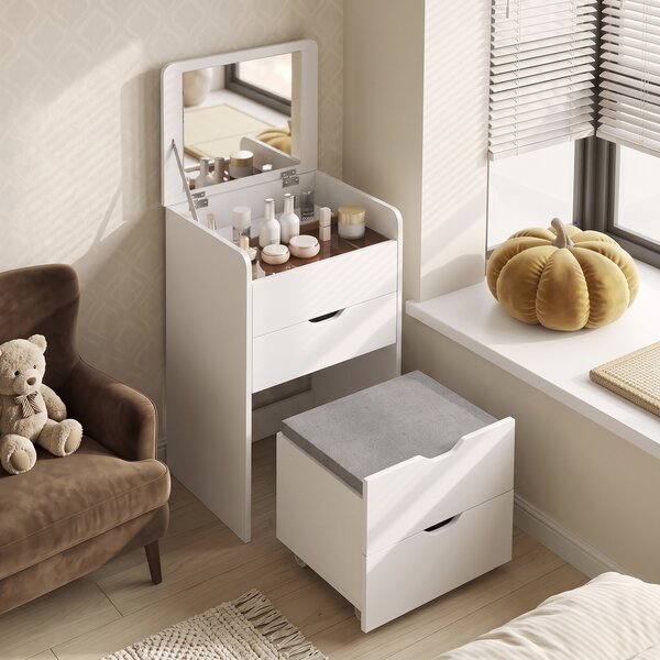 HOMCOM Toeletta 3 in 1 con Specchio Ribaltabile e Sgabello, con Cassetti, Bianco | Aosom Italy