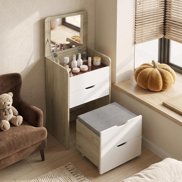 HOMCOM Toeletta 3 in 1 con Specchio Ribaltabile, Sgabello e Cassetti, Rovere e Bianco | Aosom Italy