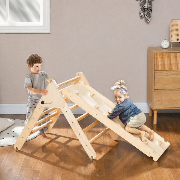 AIYAPLAY Gioco da Arrampicata con Triangolo e Pannello Scivolo ed Arrampicata, per Bambini 18-48 Mesi, Color Legno | Aosom Italy