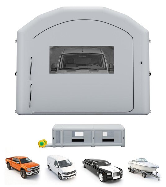 Cabina di verniciatura gonfiabile, tenda per verniciatura - cabina di verniciatura 12 x 5 x 4 m - con ventilatore da 950 W e 1100 W - filtro a carbone attivo - spogliatoio - finestre in PVC - adatta per pick-up e furgoni - colore grigio
