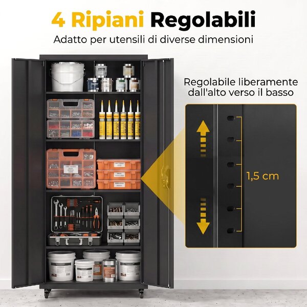 VivaGarden Armadio da Esterno / Balcone in Metallo 2 Ante 4 Ripiani Dimensioni 80x40x180 cm colore Nero