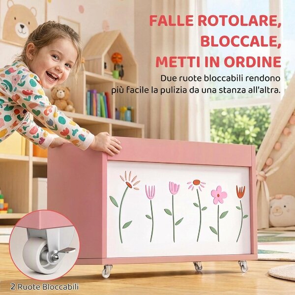 DecHome Baule Portagiochi per Bambini 3-8 Anni con Ruote 34.5L Capacit 15 kg 50x30x33.5 cm colore Rosa