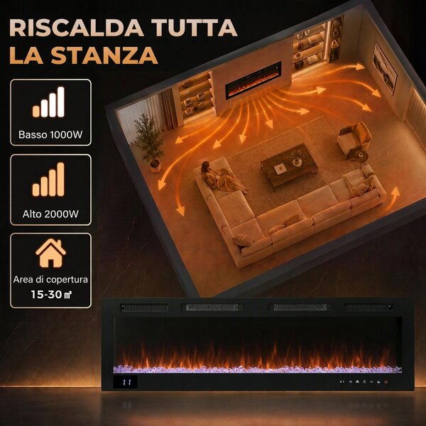 DecHome Camino Elettrico da Incasso con Effetto Fiamma 3 Modalit di Riscaldamento e Telecomando 152.4x9.4x47 cm colore Nero