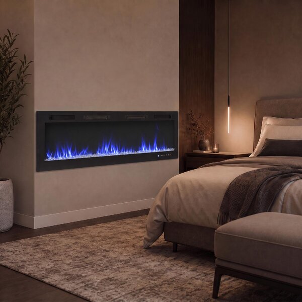 DecHome Camino Elettrico da Incasso con Effetto Fiamma 3 Modalit di Riscaldamento e Telecomando 152.4x9.4x47 cm colore Nero