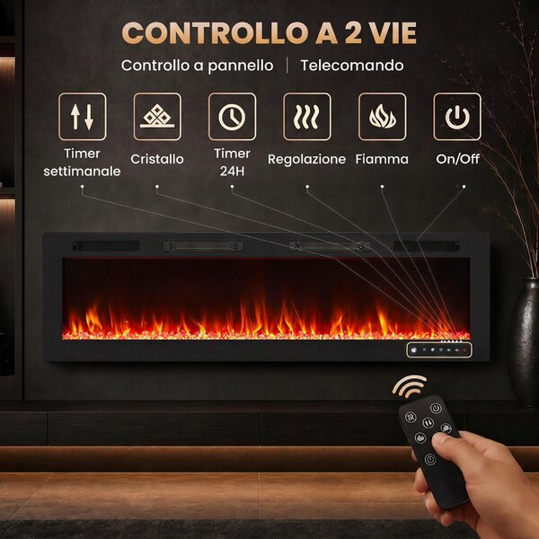 DecHome Camino Elettrico da Incasso con Effetto Fiamma 3 Modalit di Riscaldamento e Telecomando 152.4x9.4x47 cm colore Nero