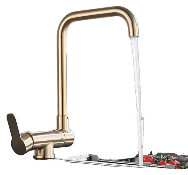 Rubinetto per lavello da cucina in oro spazzolato, bocca girevole a 360 gradi, design monomando, oro spazzolato A