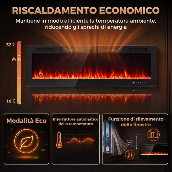 DecHome Camino Elettrico da Incasso con Effetto Fiamma 3 Modalit di Riscaldamento e Telecomando 152.4x9.4x47 cm colore Nero