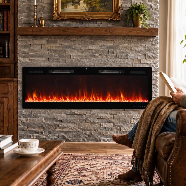 DecHome Camino Elettrico da Incasso con Effetto Fiamma 3 Modalit di Riscaldamento e Telecomando 152.4x9.4x47 cm colore Nero